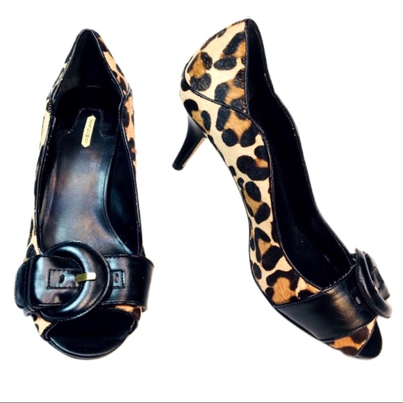 Max Studio Peep Toe Black Leather Pony Hair Heels - Picture 1 of 4